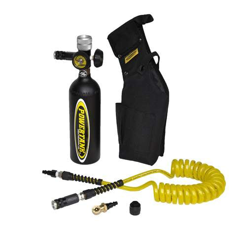 Power Tank  Co2 bottole-powershot with holster-sidearm-160 psi regulator-matte-black-yellow coil hose